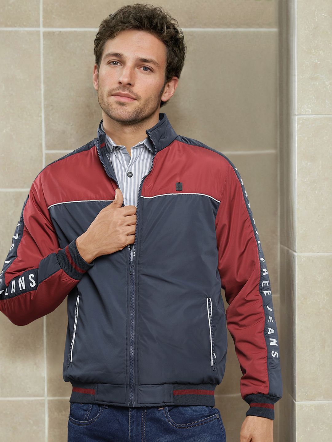 The Indian Garage Co Men Slim Fit Colourblock Zip-Front Bomber Jacket