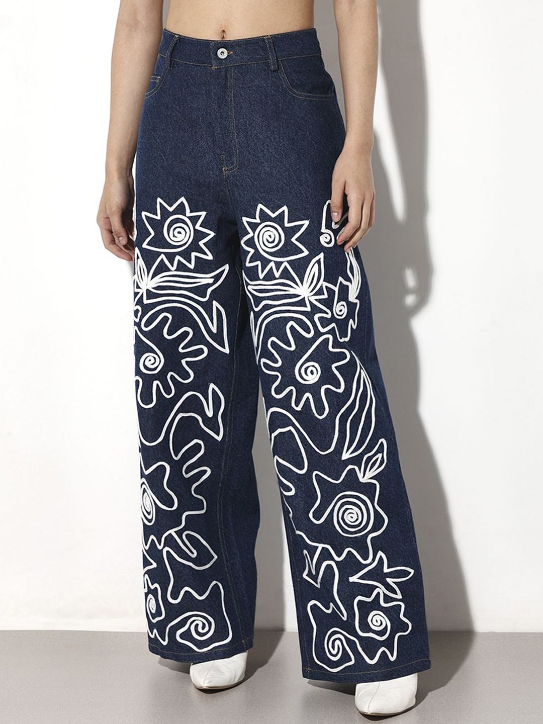 ONLY Women Wide Leg High-Rise Embroidered Jeans