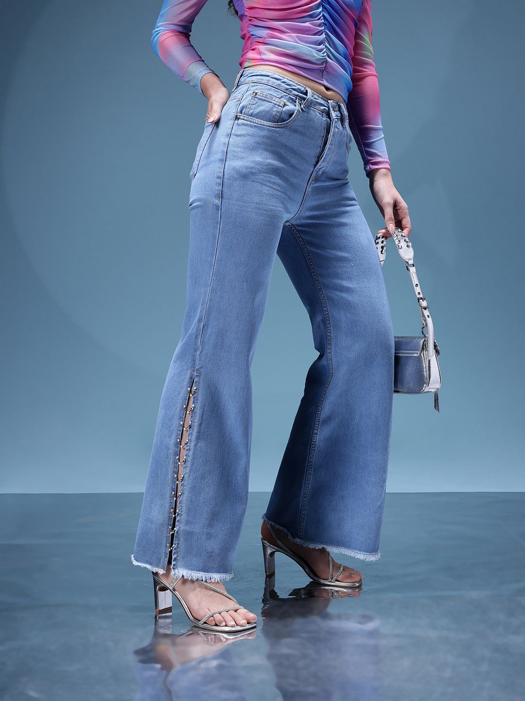 Buy bebe Women Denim Daze Beaded High-Rise Wide Leg Jeans with