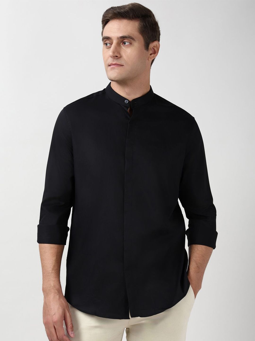 Peter England Elite Men Slim Fit Solid Band Collar Pure Cotton Formal Shirt