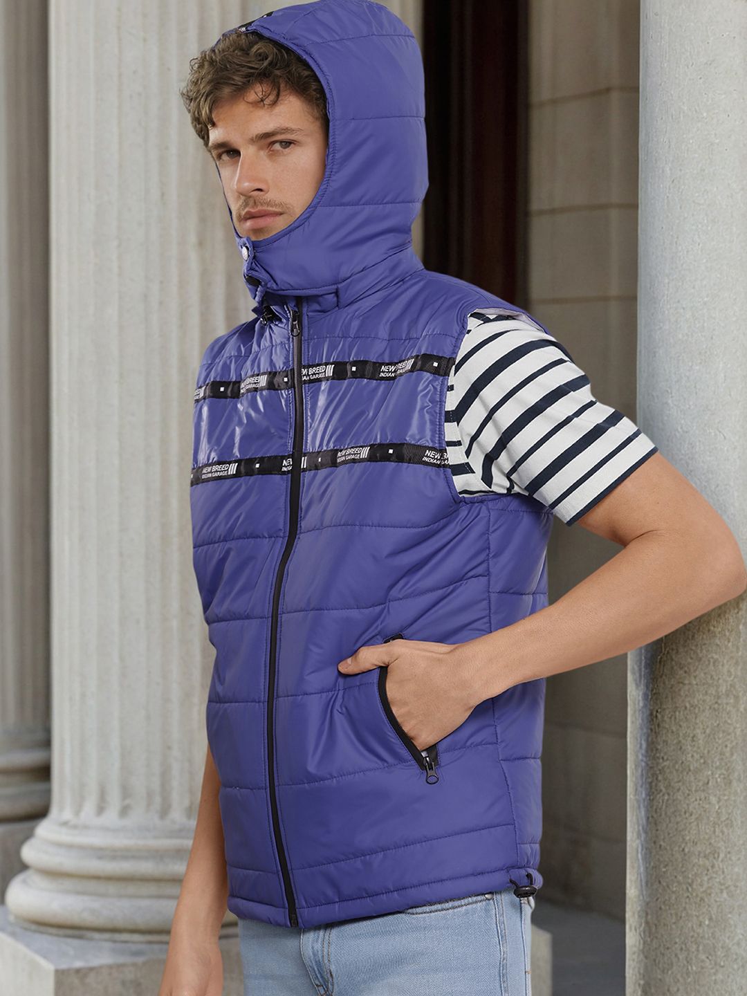 The Indian Garage Co Men Blue Solid Padded Detachable Hood Jacket