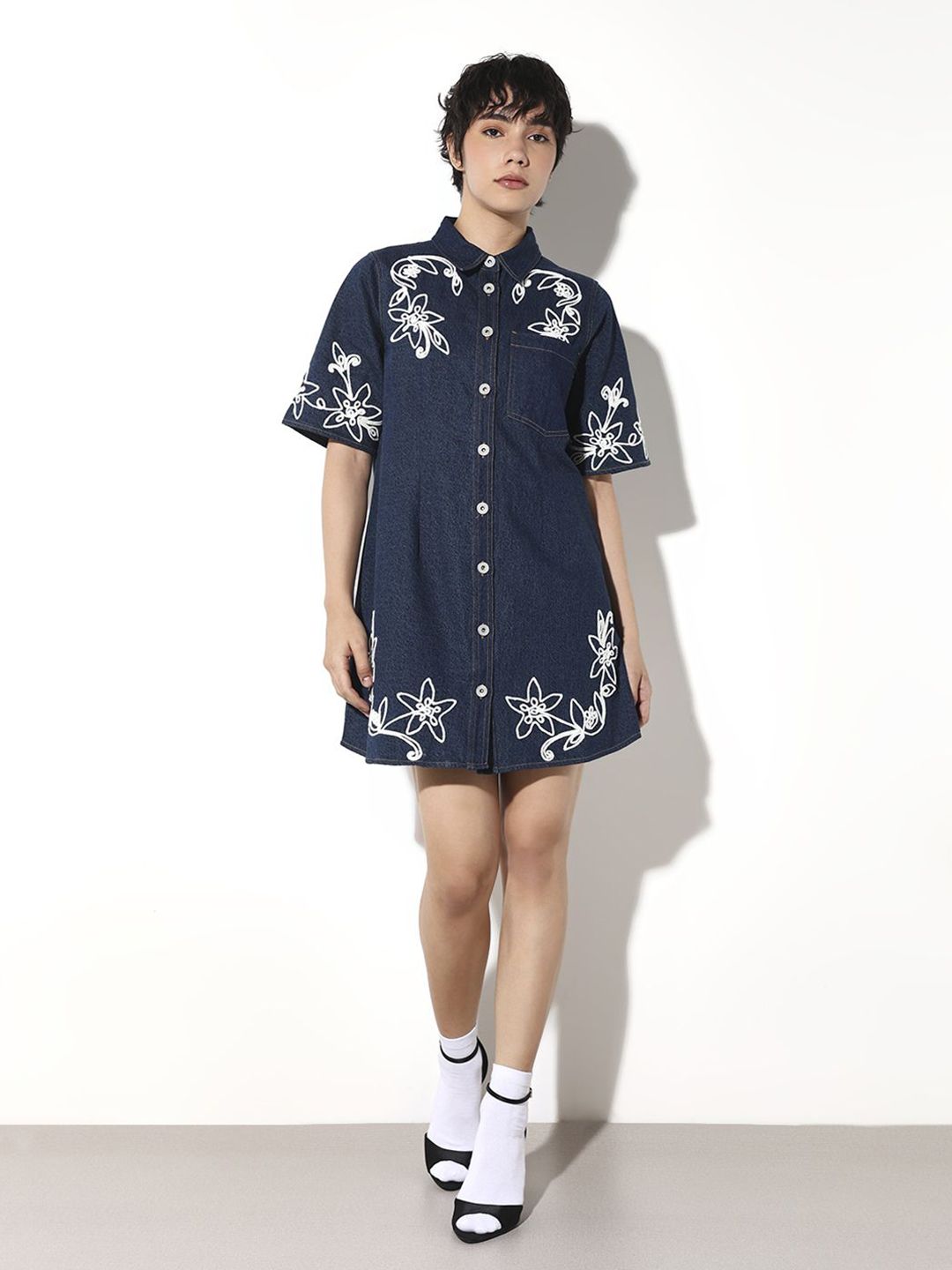Embroidered Cotton Shirt Mini Dress