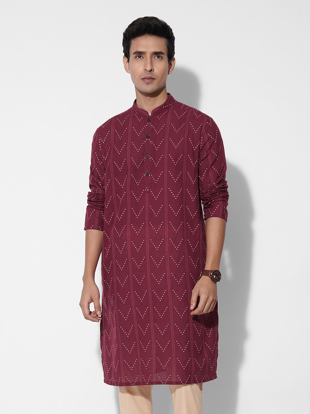 indus route by Pantaloons Men Geometric Striped Daily Pure Cotton Pathani Kurta