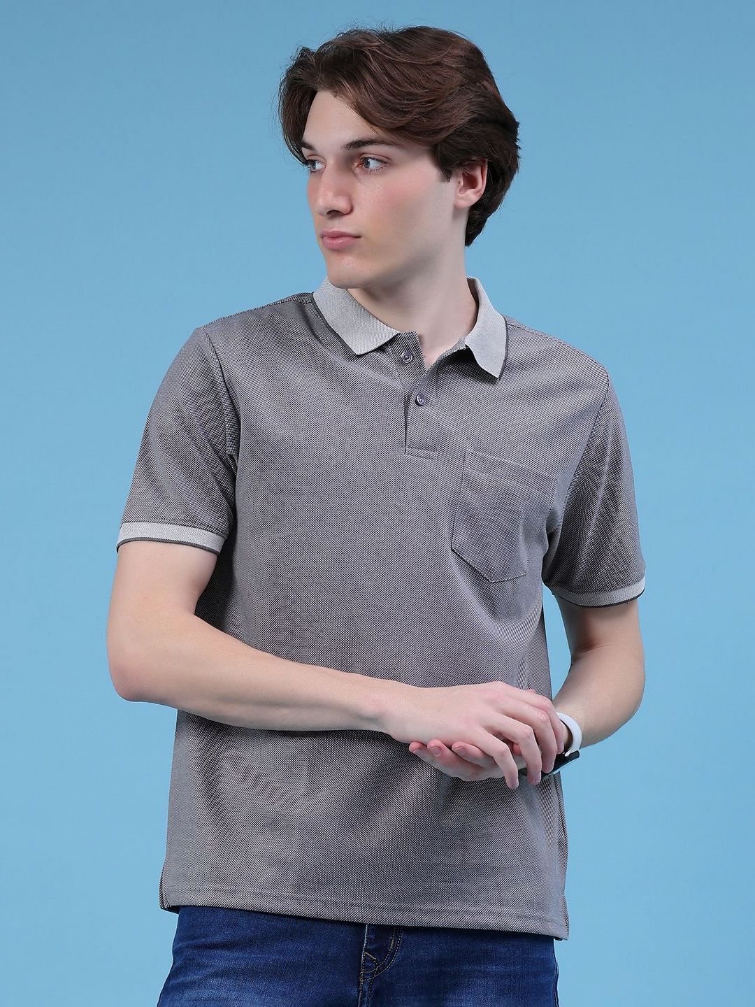 V-Mart Men Self Design Polo Collar Cotton T-shirt