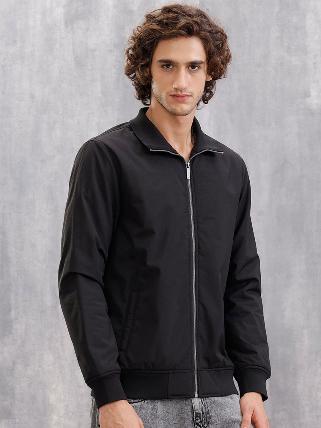 WROGN Men Spread Collar Solid Bomber Jacket