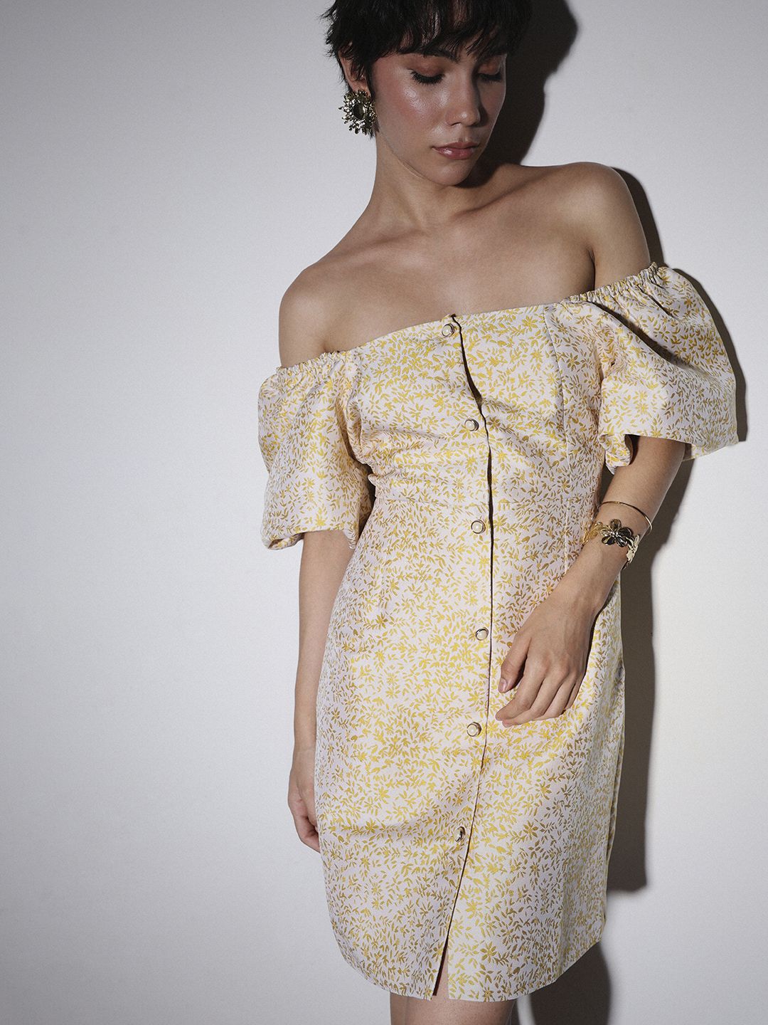 Floral Printed Square Neck Puff Sleeve Jacquard Mini Dress