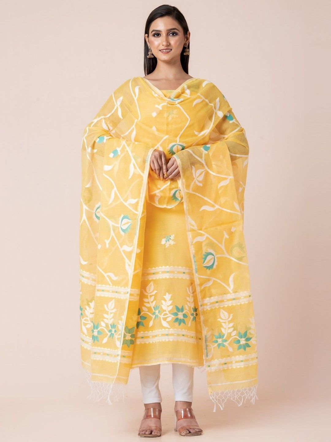 Durga Handlooms Jamdani Woven Design Zari Pure Cotton Unstitched Kurti Material with Dupatta