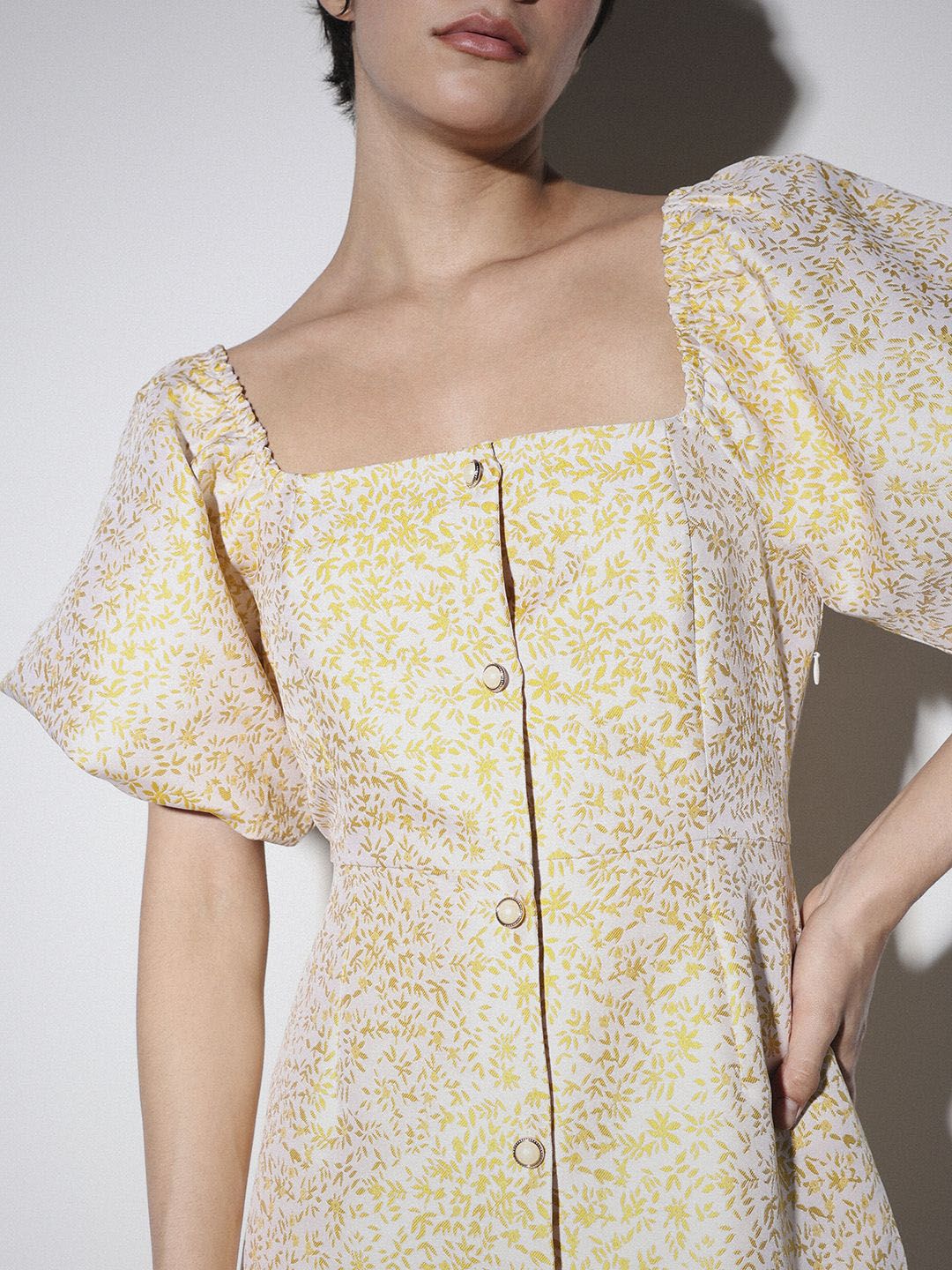 Floral Printed Square Neck Puff Sleeve Jacquard Mini Dress