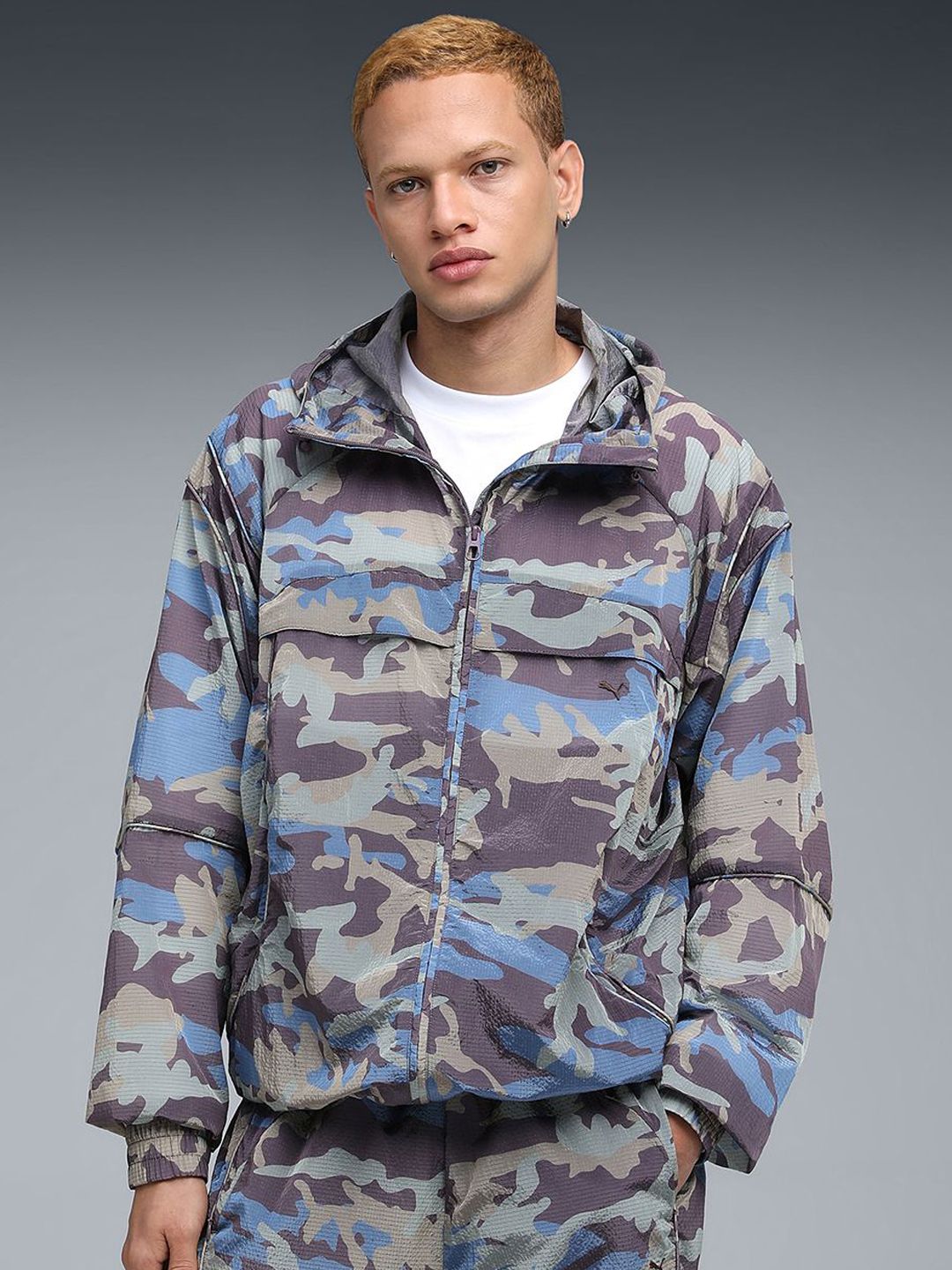 Puma Unisex CLRT Oversized All-Over-Print Ripstop Hooded Camouflage Printed Bomber Jacket