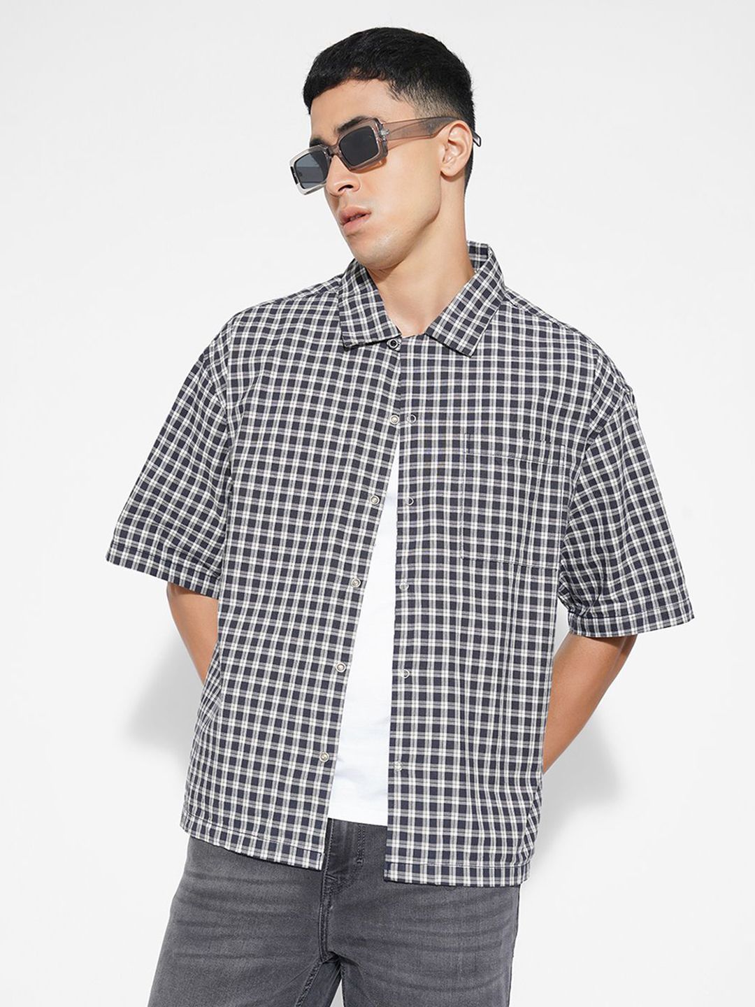 SF JEANS by Pantaloons Gingham Checks Checked Spread Collar Pure Cotton Boxy Shirt