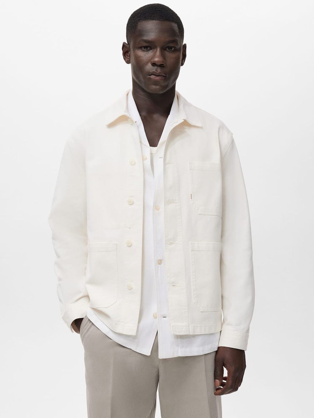 MANGO MAN Spread Collar Pure Cotton Tailored Jacket with Utility Pockets