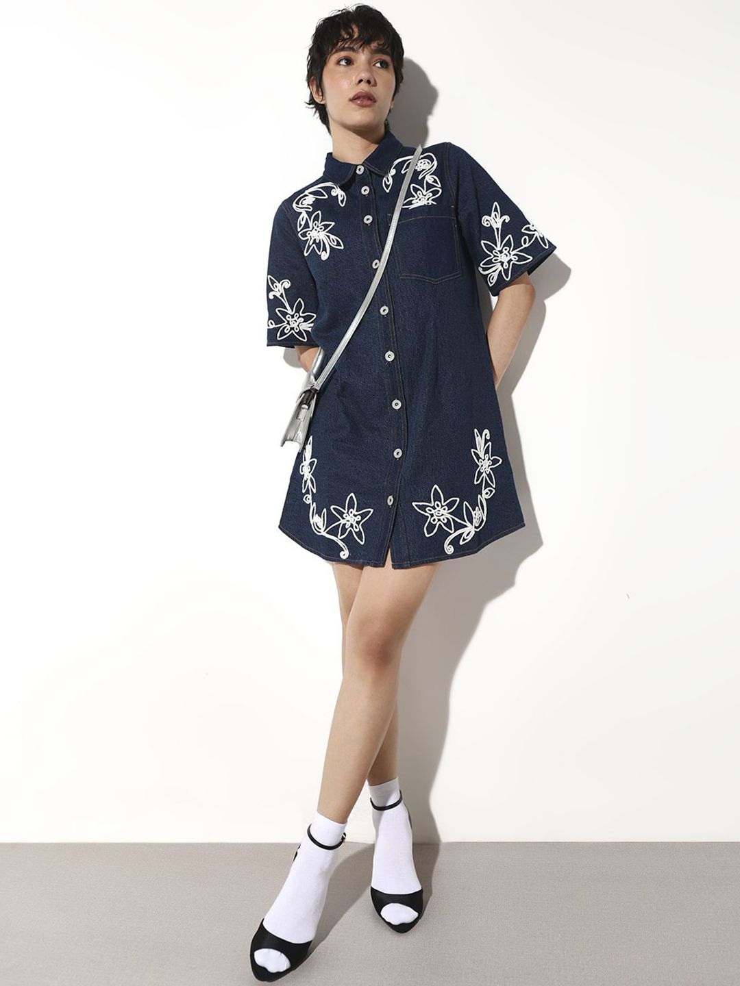 Embroidered Cotton Shirt Mini Dress