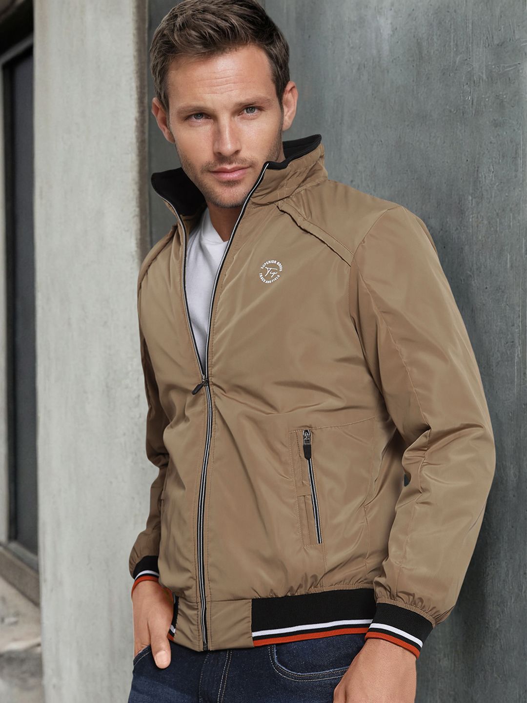 The Indian Garage Co Men Slim Fit High-Neck Zip-Front Bomber Jacket