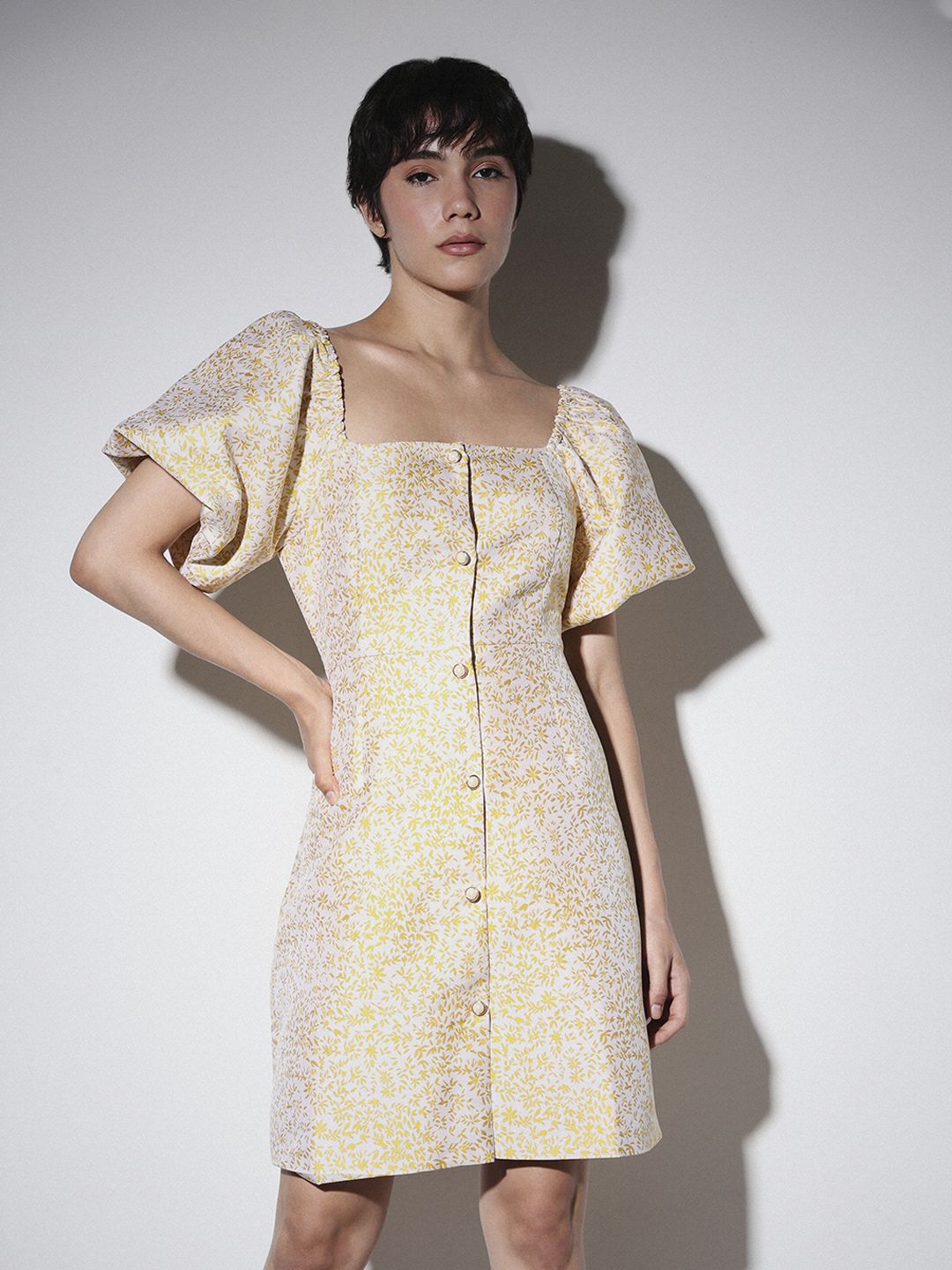 Floral Printed Square Neck Puff Sleeve Jacquard Mini Dress