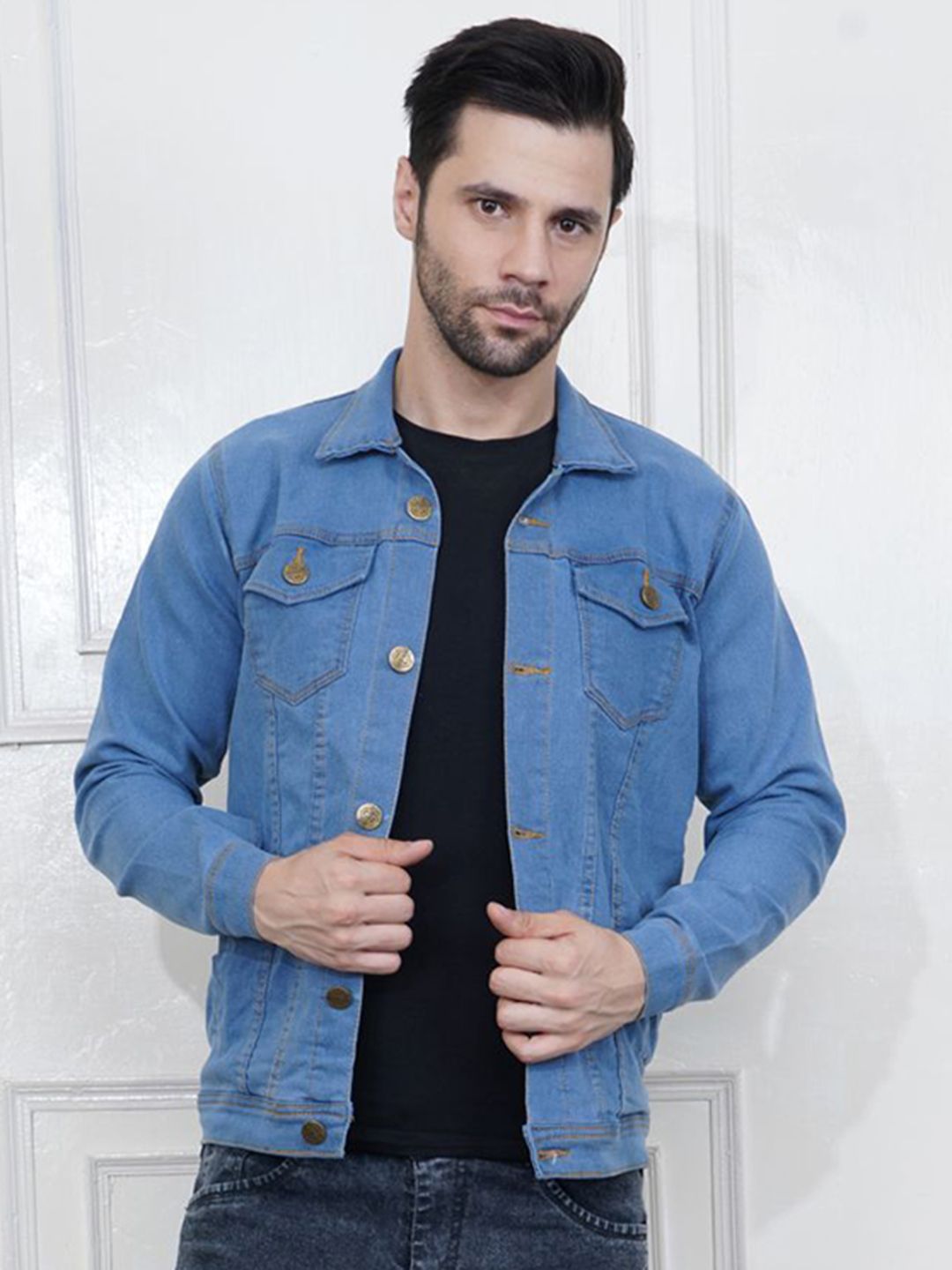 MaverIQ Men Spread Collar Solid Denim Jacket