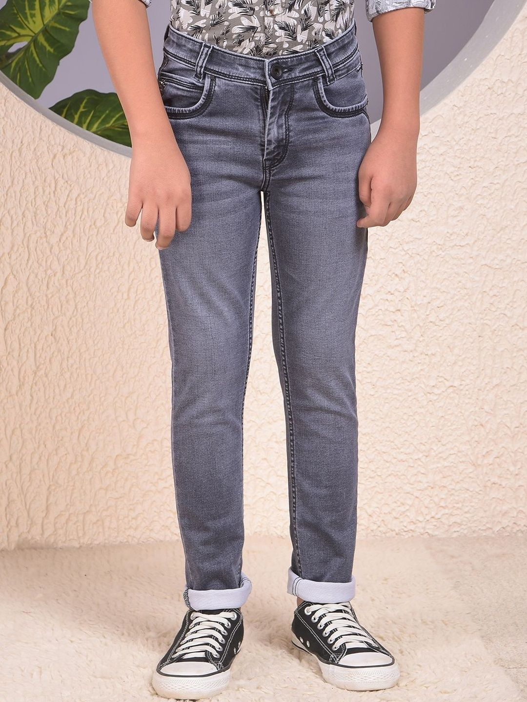 Crimsoune Club Boys Slim Fit Low-Rise Light Fade Cotton Stretchable Jeans