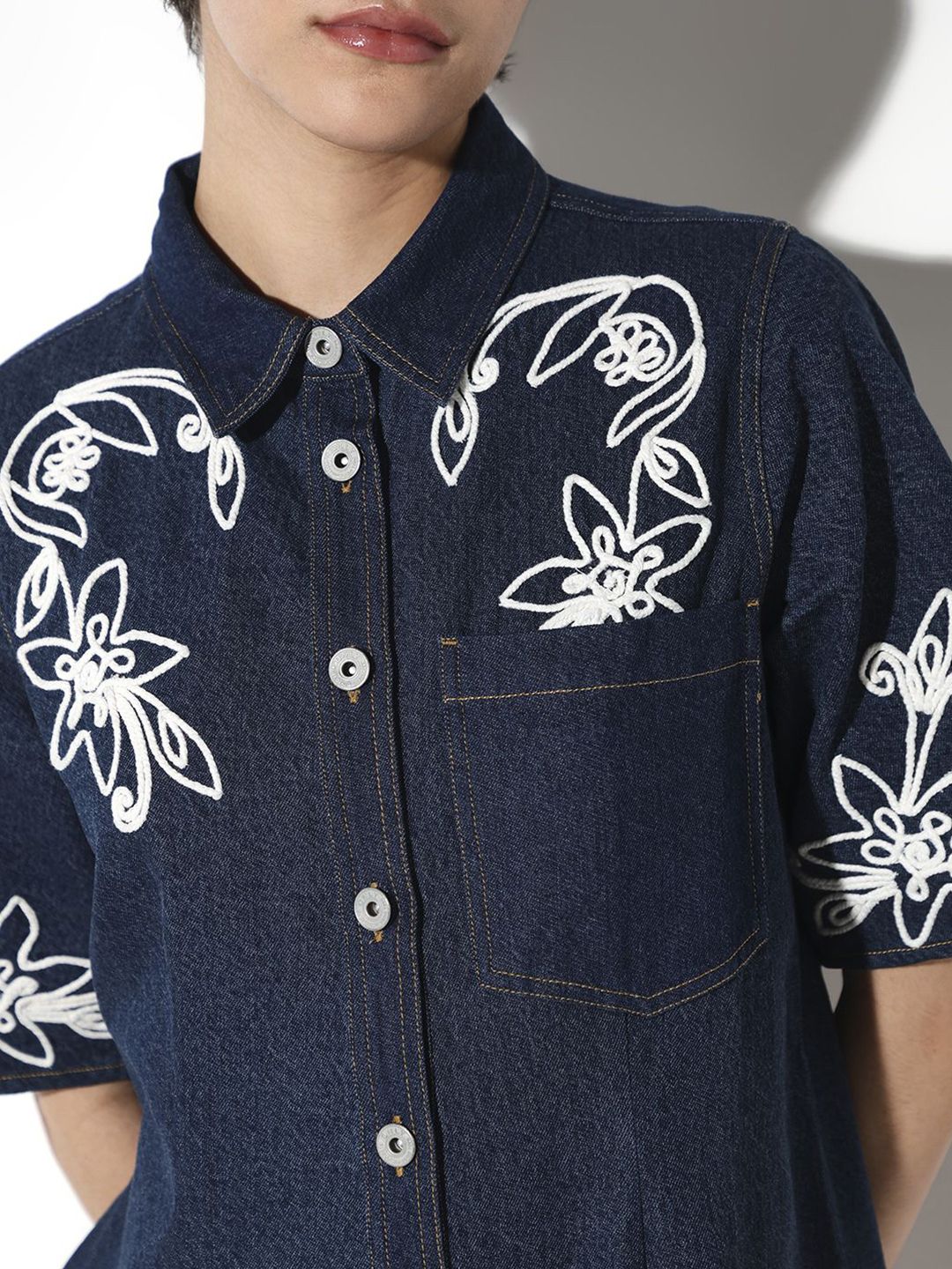 Embroidered Cotton Shirt Mini Dress
