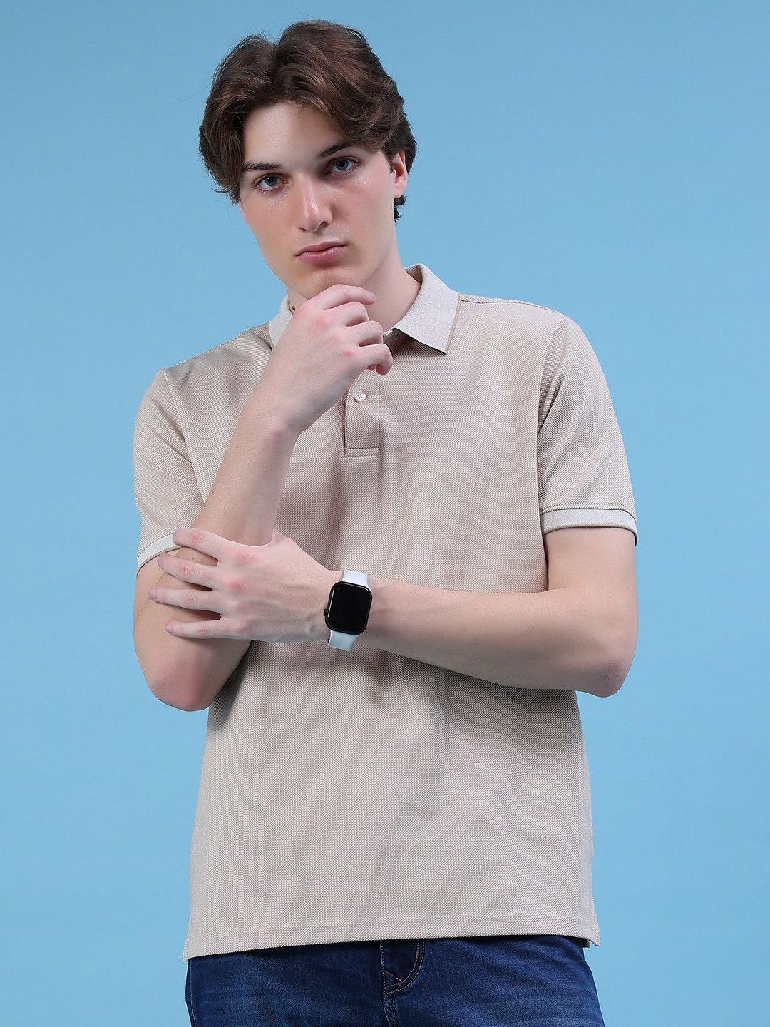 V-Mart Self Design Polo Collar Cotton T-shirt