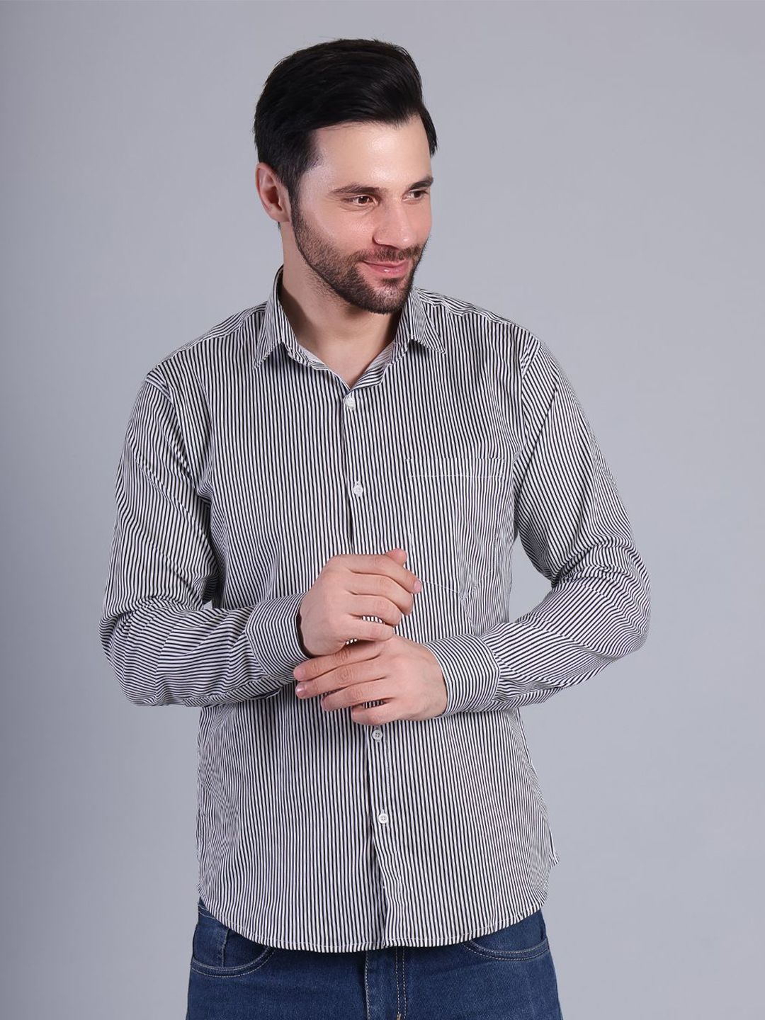 RARE CAMEL Men Slim Fit Vertical Striped Spread Collar Casual Shirt