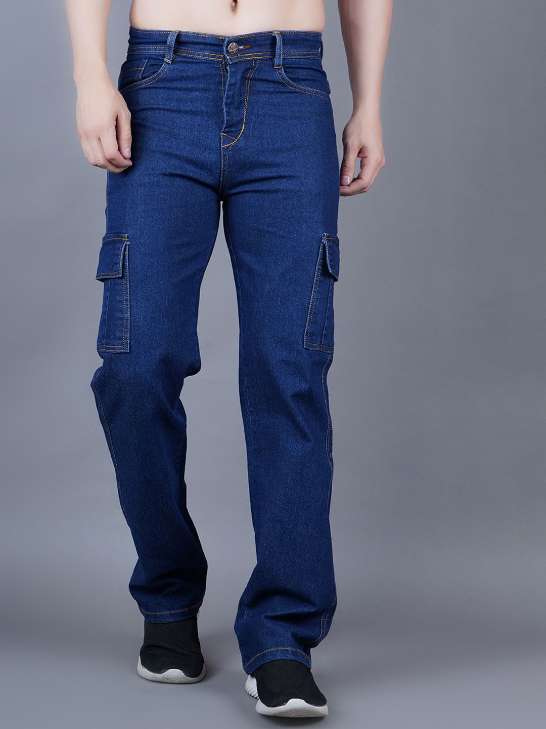 MaverIQ Men Classic Baggy Fit Mid-Rise Stretchable Denim Cargo Jeans