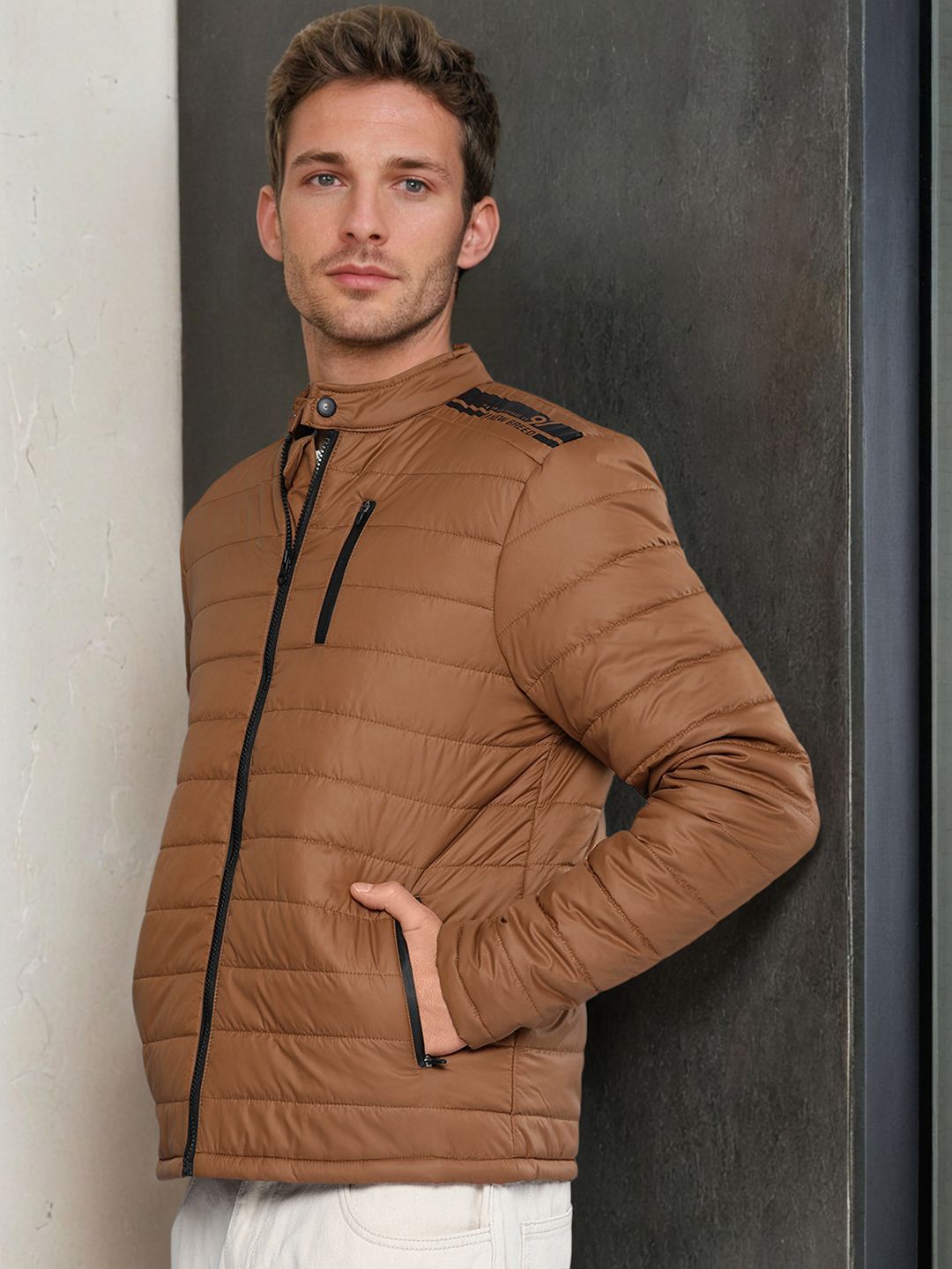 The Indian Garage Co Men Zip-Front Puffer Jacket with Zipper Pockets