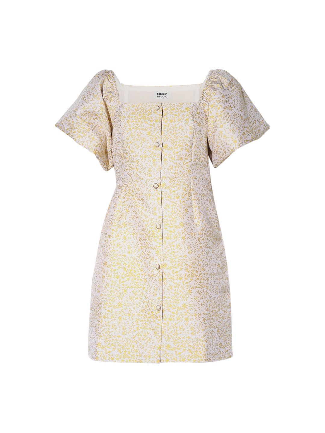 Floral Printed Square Neck Puff Sleeve Jacquard Mini Dress