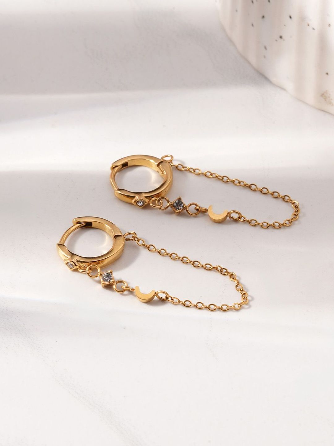 Gold-Plated Half Hoop Earrings PALMONAS Gold-Plated Stainless Steel Cubic Zirconia Hoop & Dangling Chain Drop Earrings
