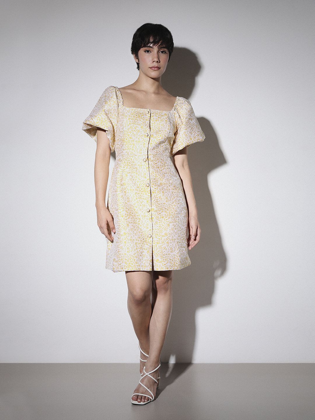 Floral Printed Square Neck Puff Sleeve Jacquard Mini Dress