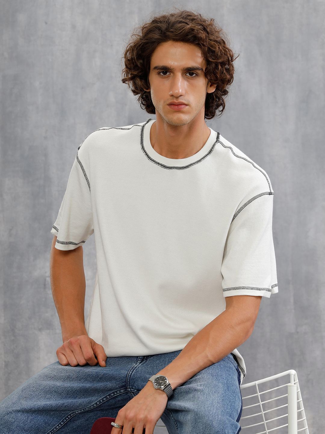 WROGN Drop Shoulder Sleeves Pure Cotton Oversized T-Shirt