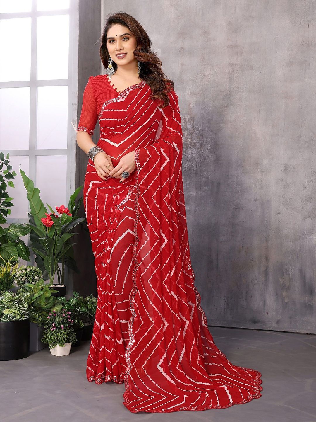 DWIJA FASHION Leheriya Mirror Work Poly Georgette Saree With Blouse Piece