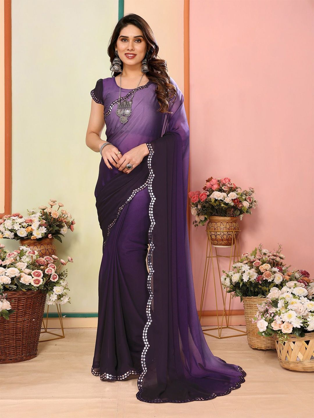 DWIJA FASHION Ombre Mirror Work Poly Georgette Saree With Blouse Piece