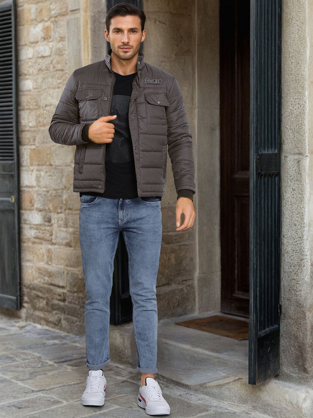 The Indian Garage Co Men Charcoal Grey Solid Padded Jacket
