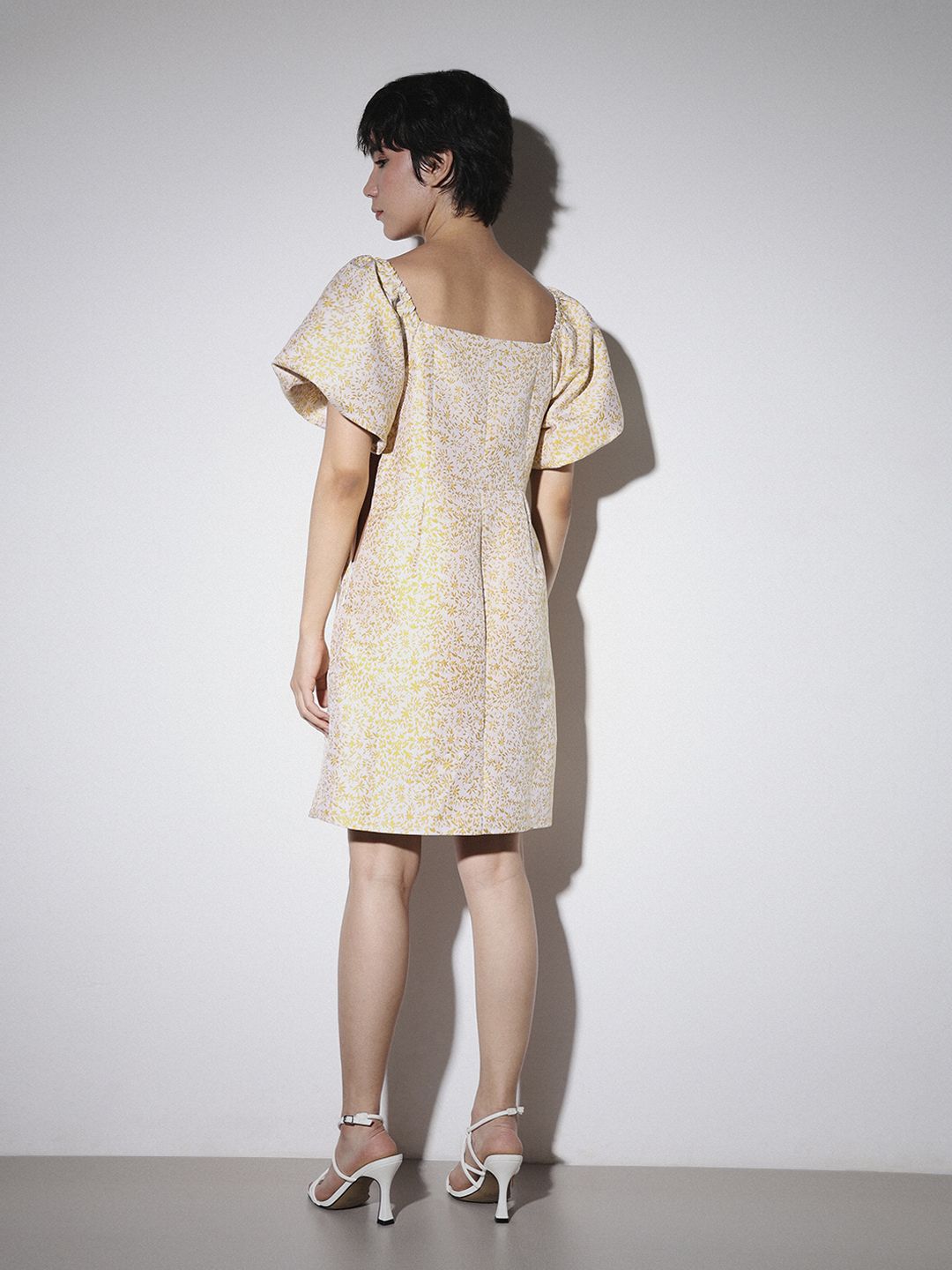 Floral Printed Square Neck Puff Sleeve Jacquard Mini Dress