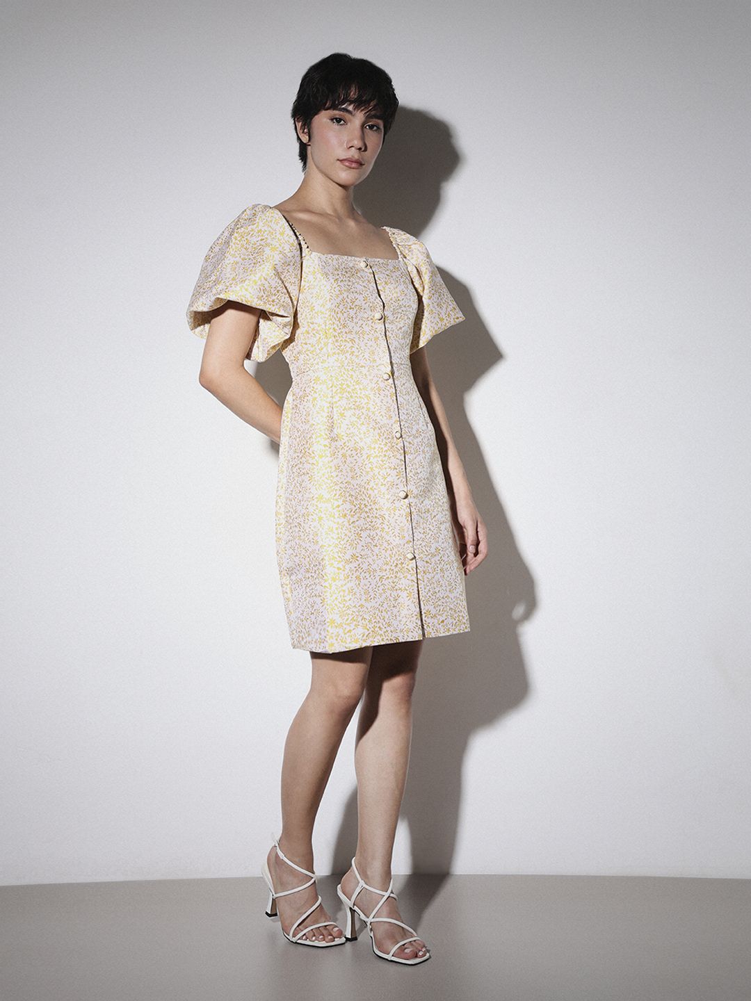 Floral Printed Square Neck Puff Sleeve Jacquard Mini Dress
