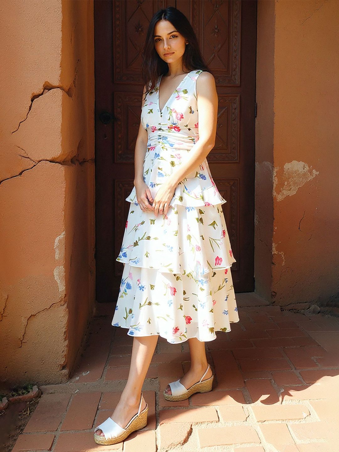 RARE RARE Women Floral Printed Layered Georgette Fit & Flare Midi Dress