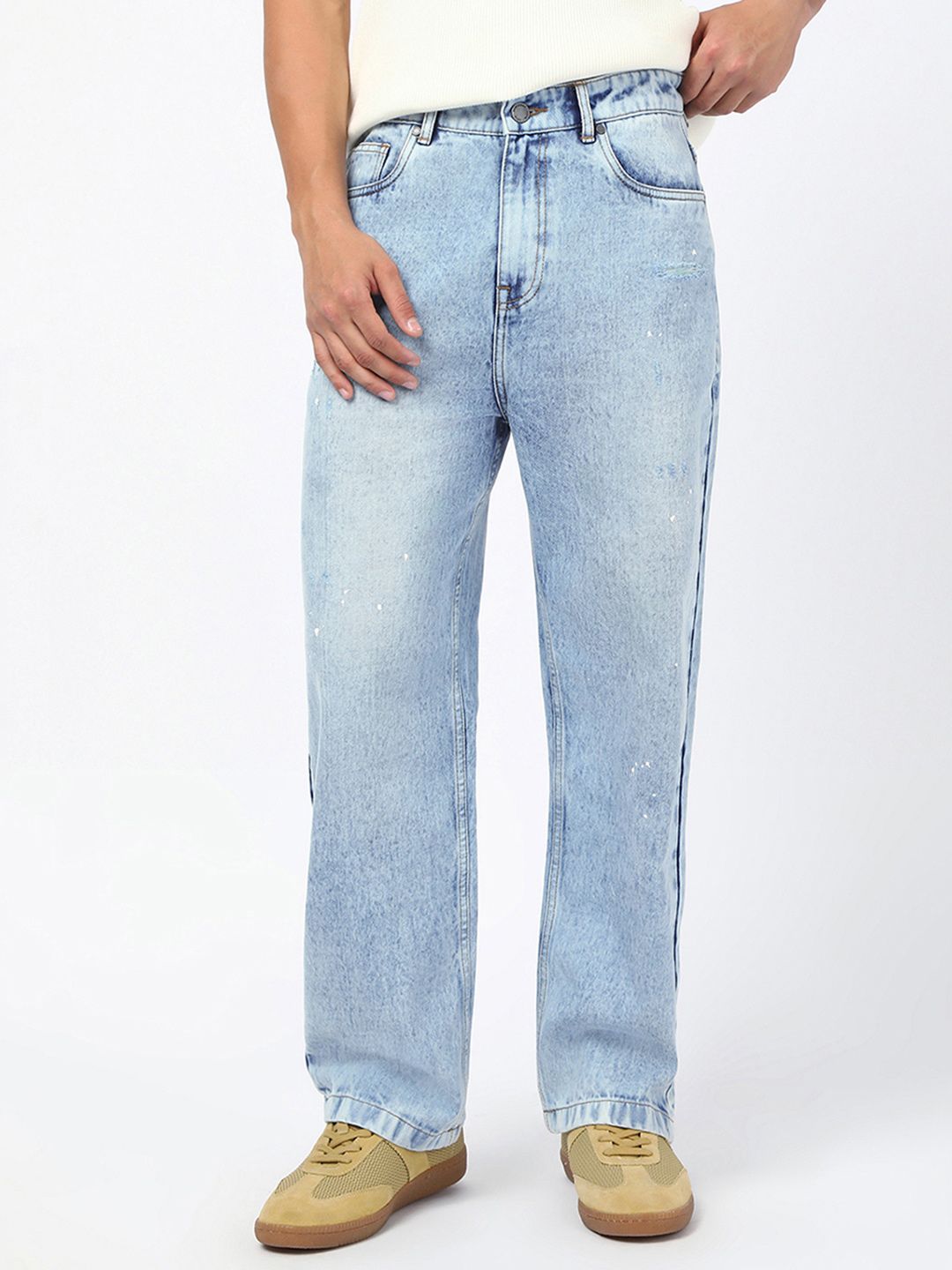 Bewakoof Men Blue Washed Straight Fit Pure Cotton Jeans