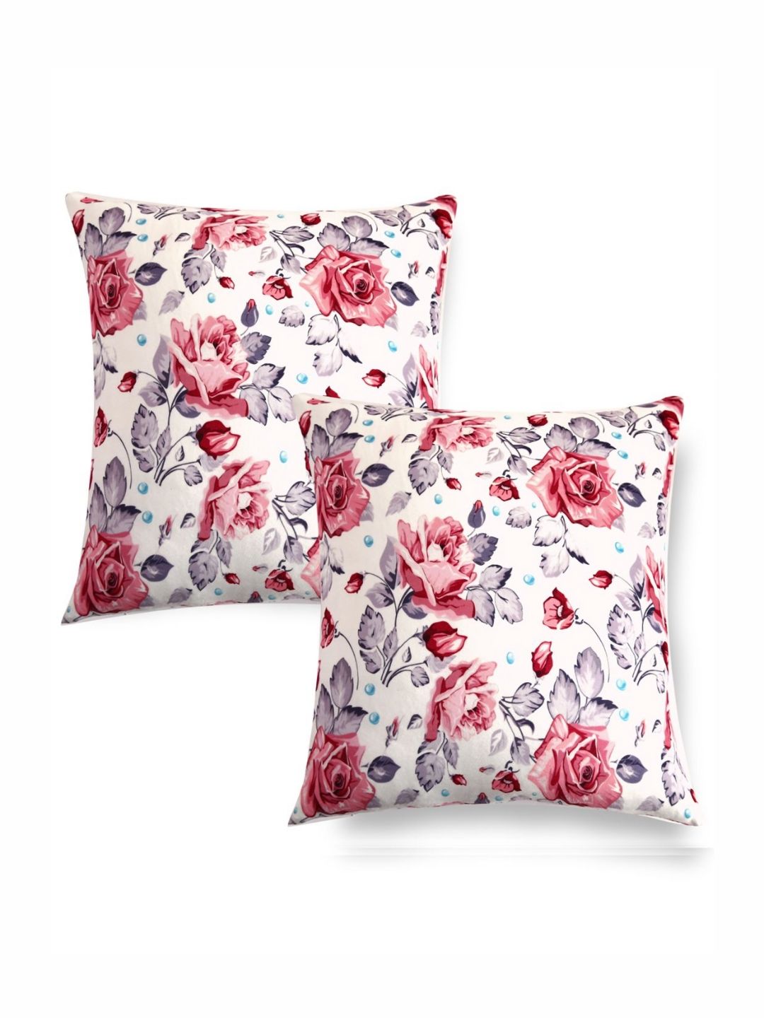 HOKIPO Red & White 2 Pieces Floral Velvet Square Cushion Covers