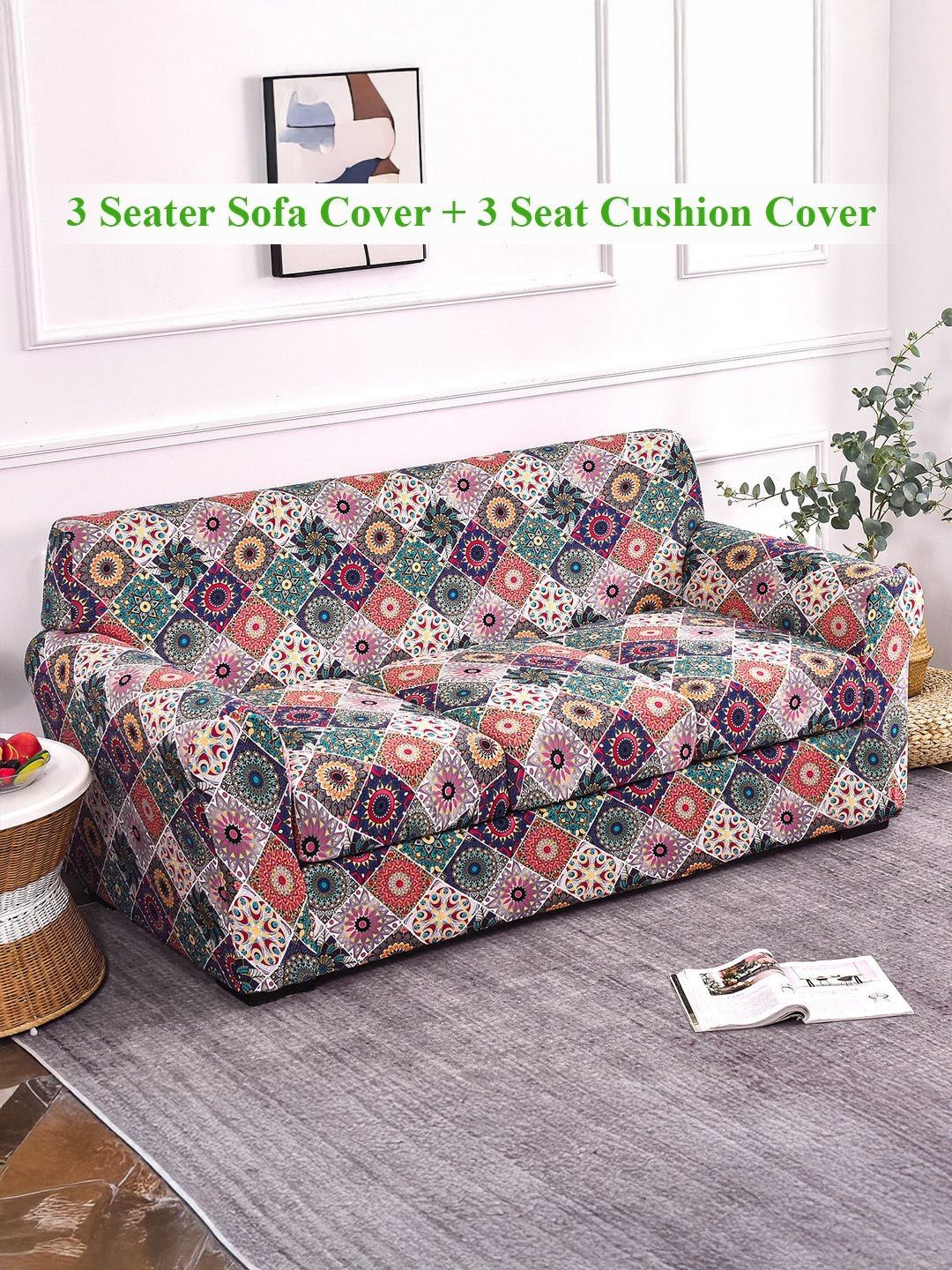 HOKIPO Spectrum Mosaic Magic Beige & Green 4 Pieces Printed 3 Seater Sofa Cover With Arms