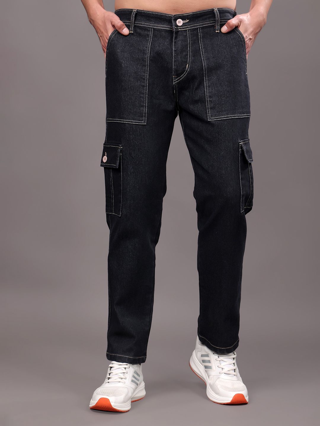 ZAYSH Men Regular Fit Mid-Rise Low Distress Denim Cargo  Jeans