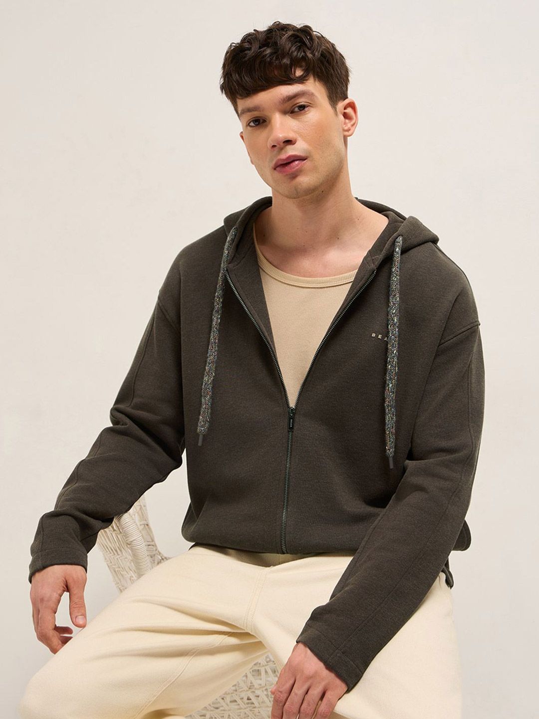 Buy XYXX Men Crew Cotton Blend Brown Solid Oversized Zipper Hoodie