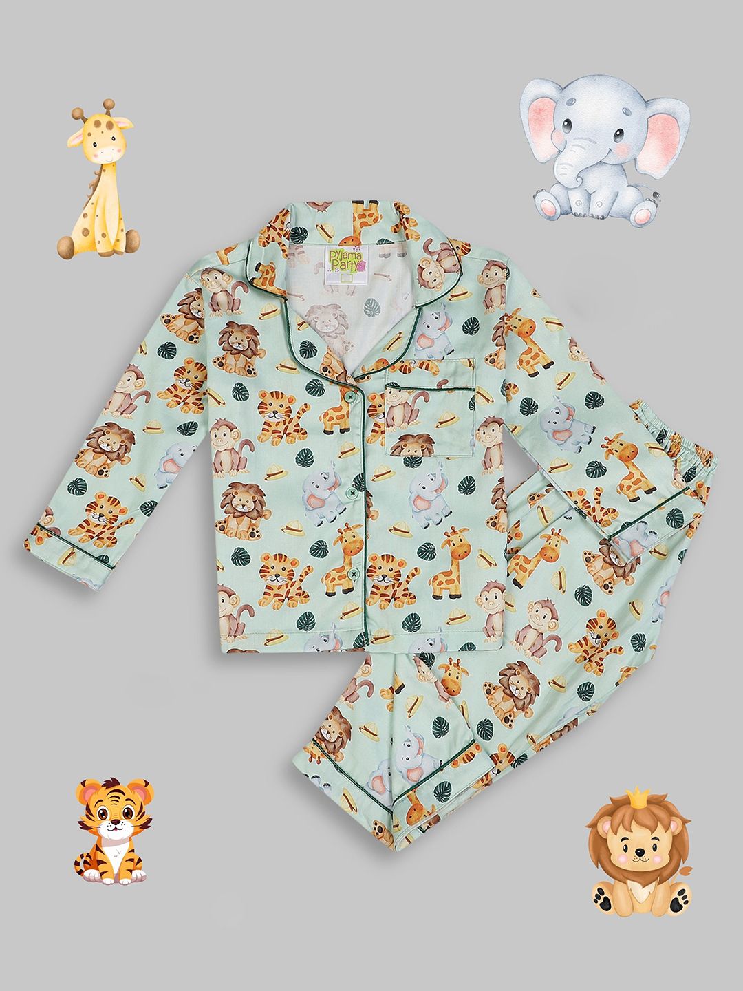 Pyjama Party Kids Graphic Printed Lapel Collar Pure Cotton Shirt & Pyjamas