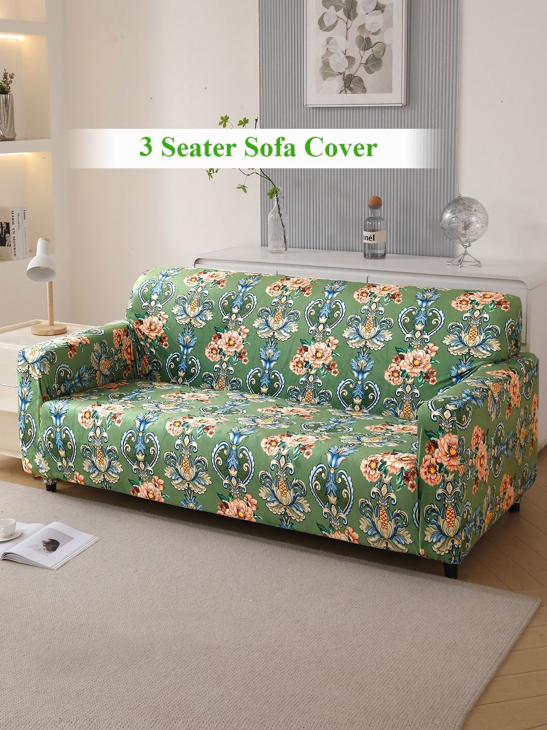 HOKIPO Green & Peach-Colored Printed Velvet 3 Seater Sofa Cover With Arms