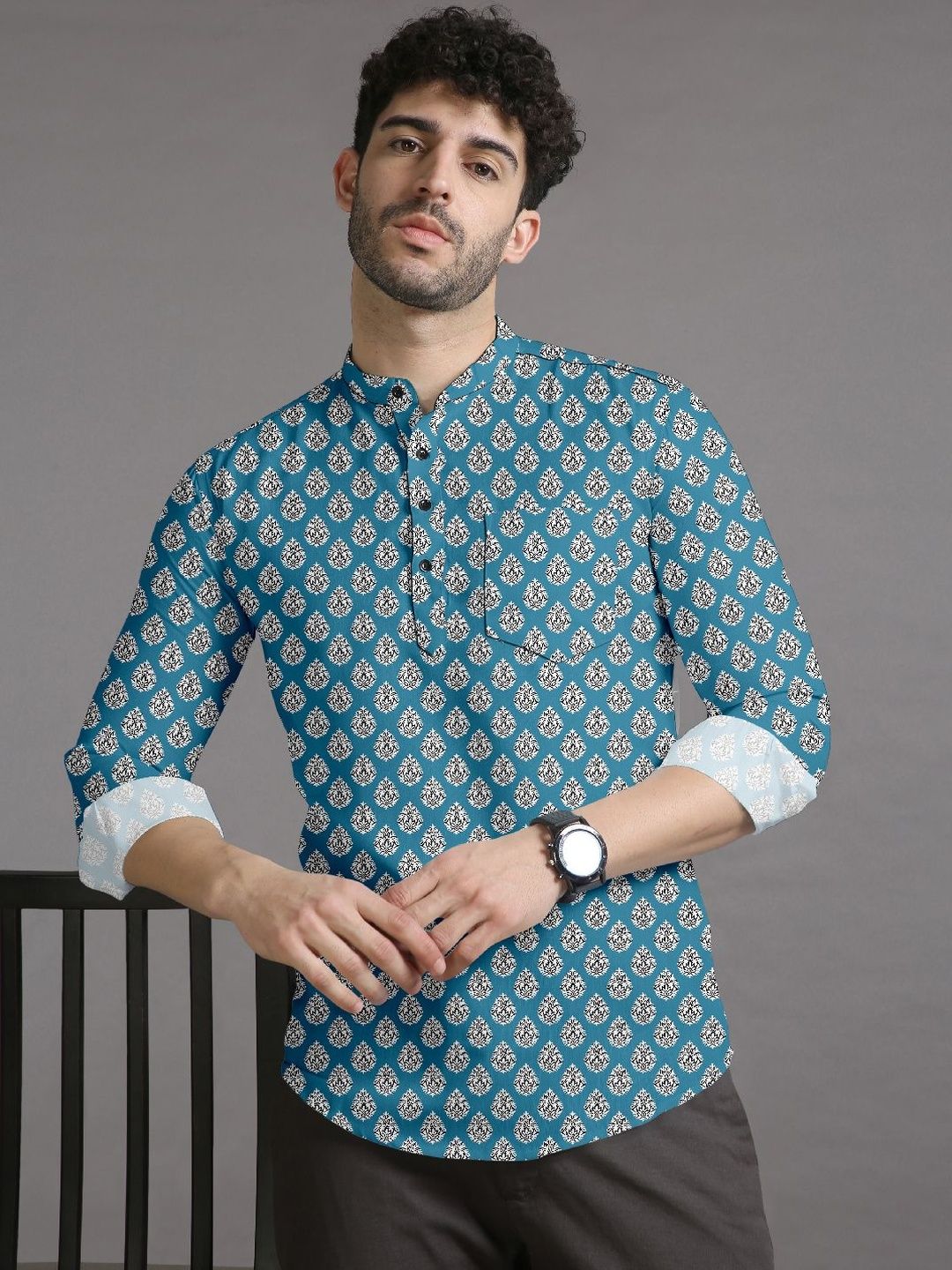 Eleni Trendz Men Digital Printed Mandarin Collar Shirt Style Kurta