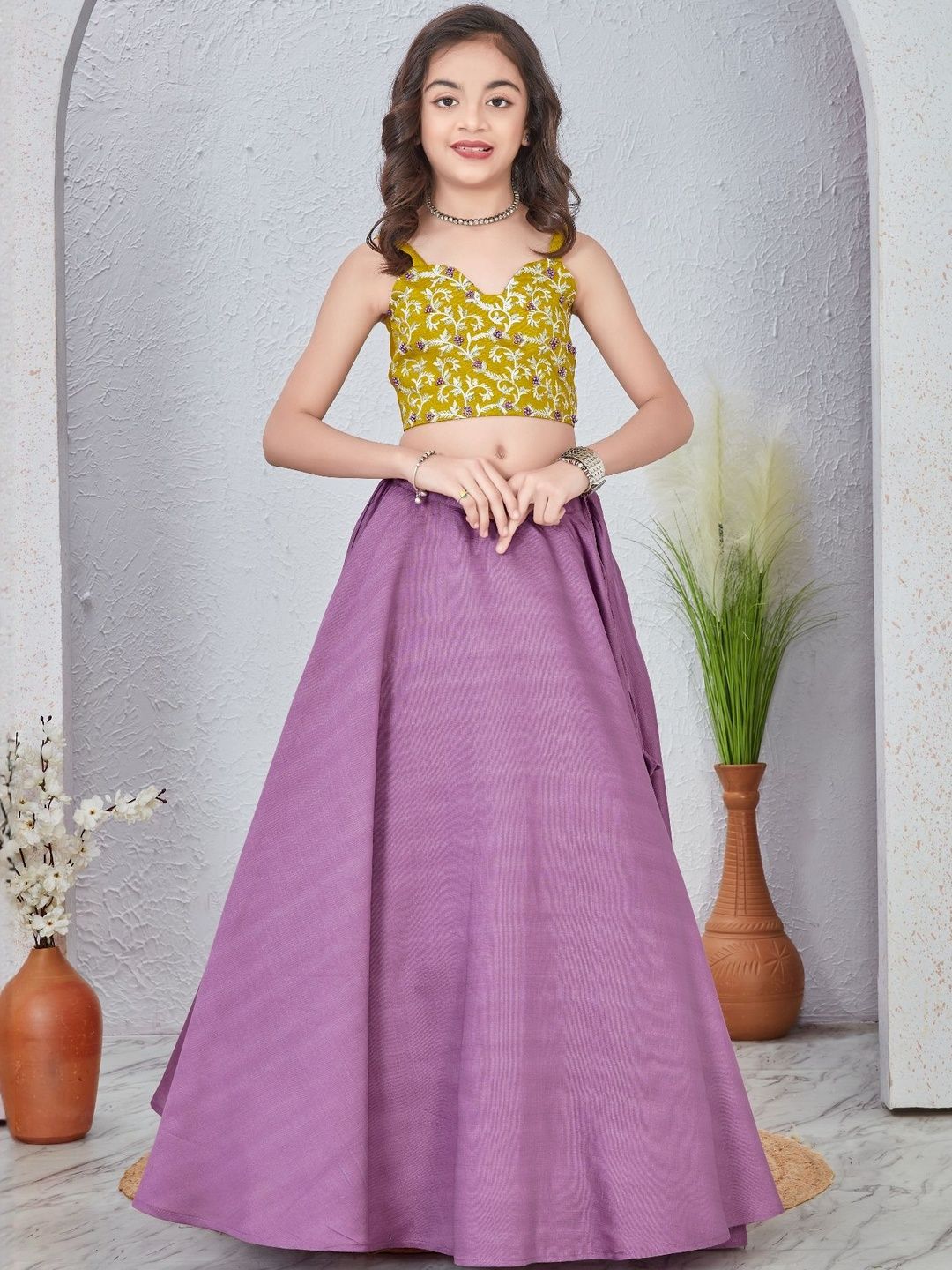 IRSIA Girls Lime Green & Lavender Embroidered Thread Work Lehenga Choli