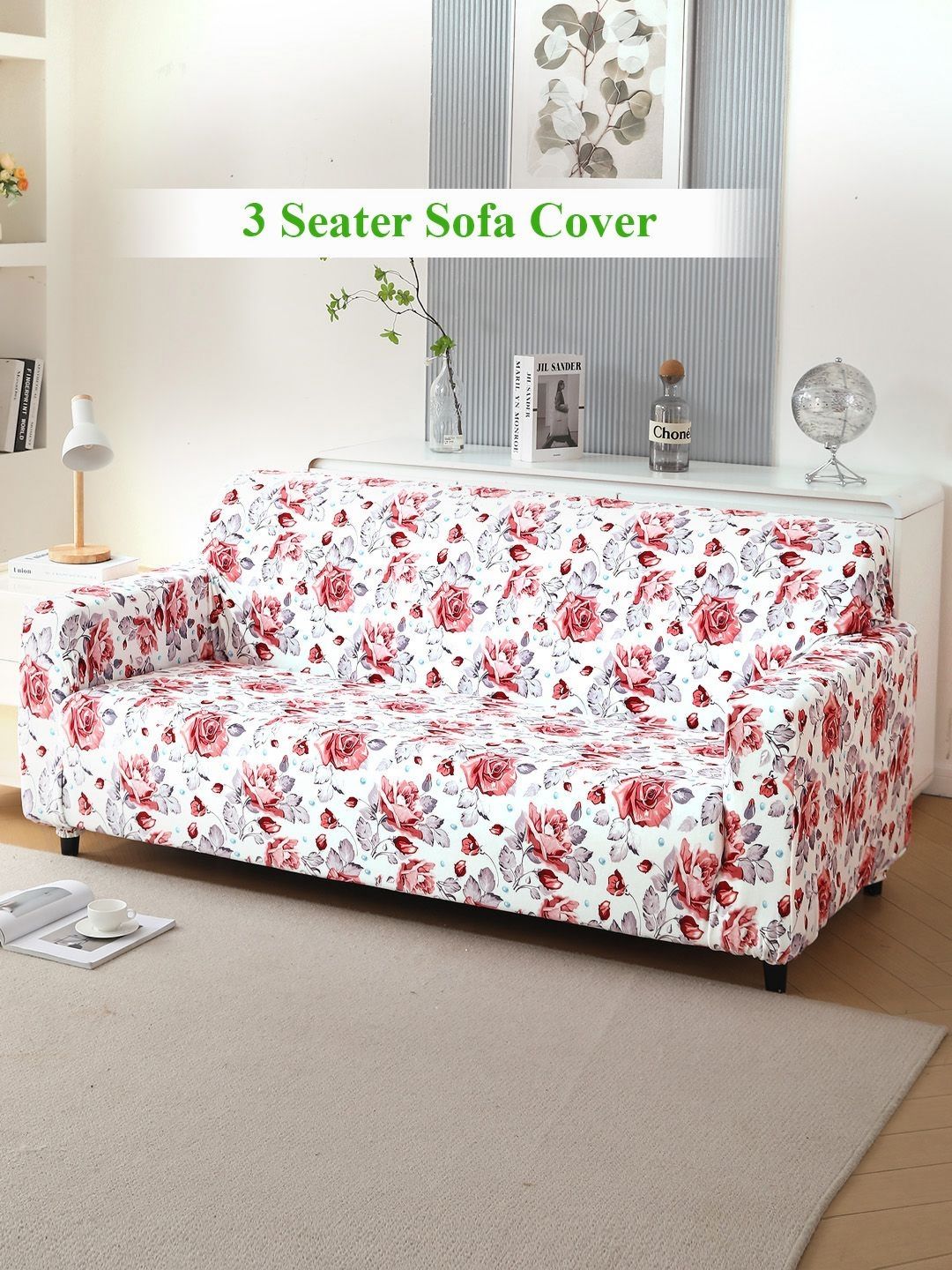 HOKIPO Red & White Floral Printed Velvet 3 Seater Sofa Cover With Arms