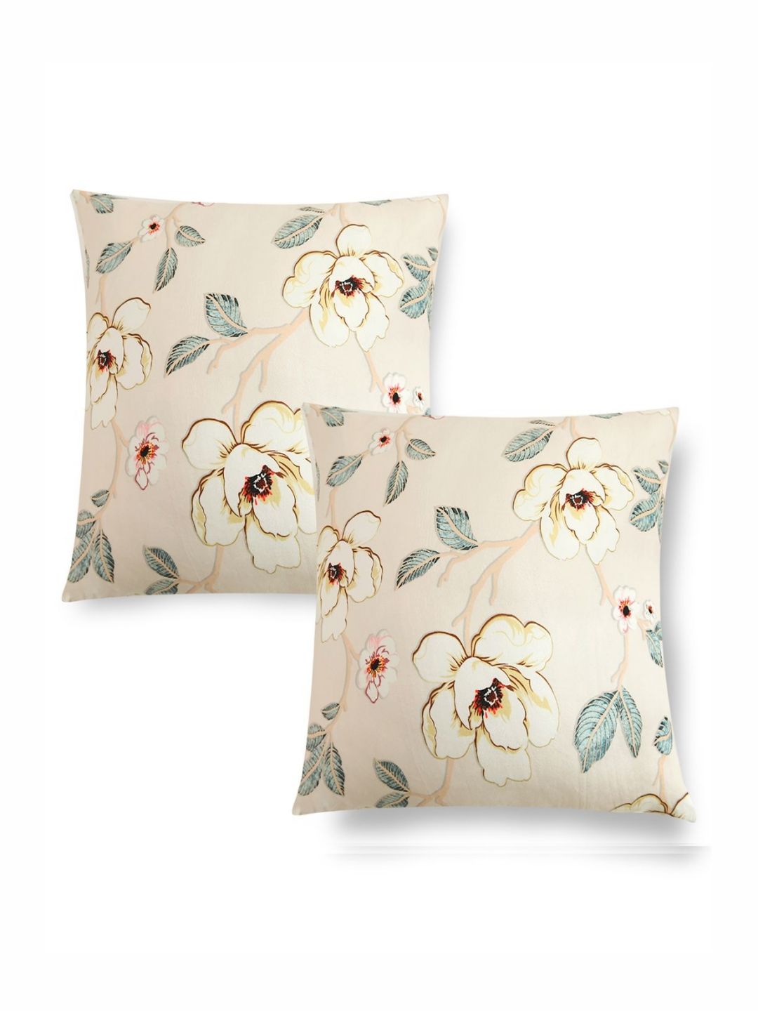 HOKIPO Cream-Coloured & Green 2 Pieces Floral Velvet Square Cushion Covers