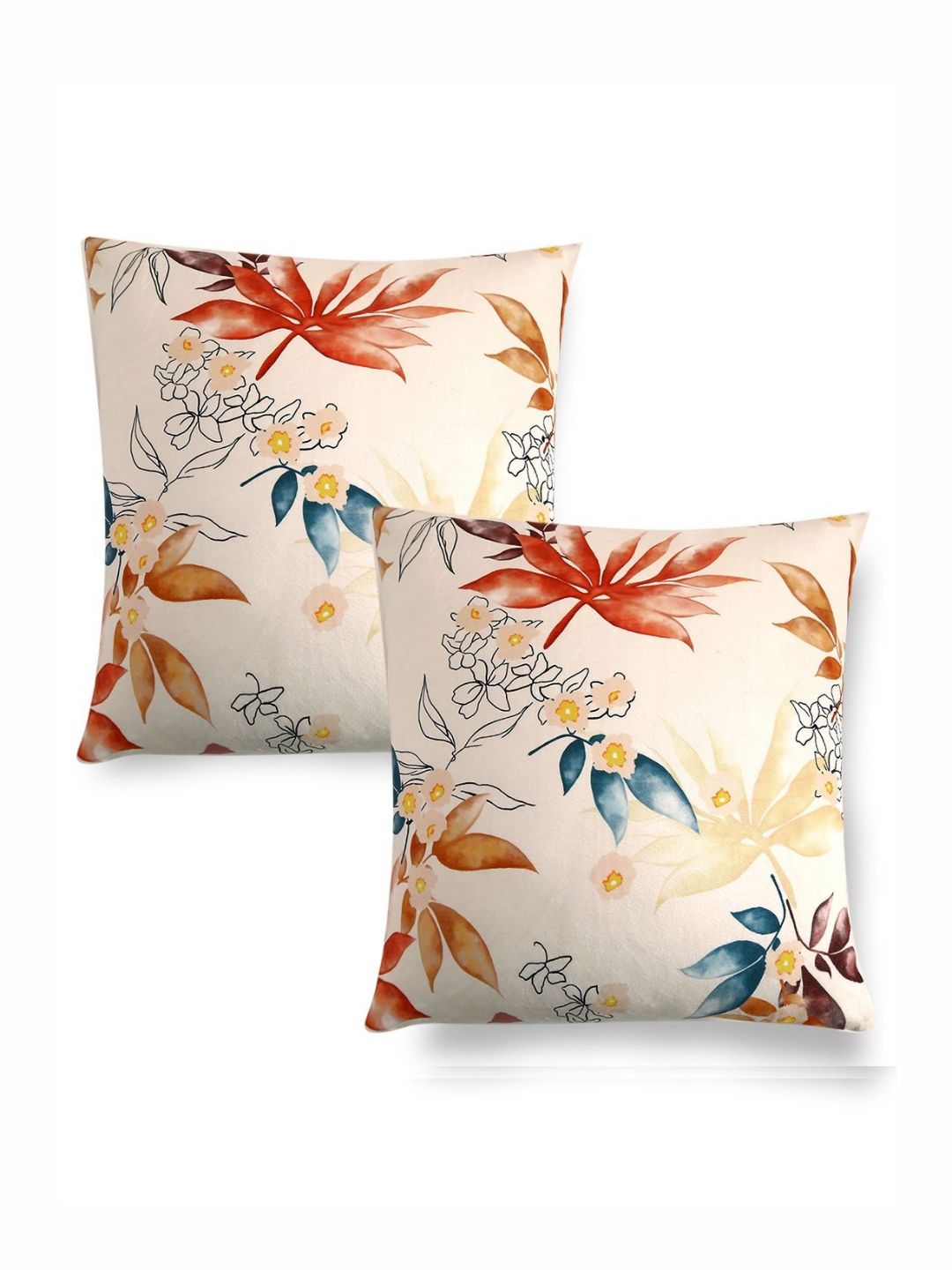 HOKIPO Peach-Coloured & Blue 2 Pieces Floral Velvet Square Cushion Covers