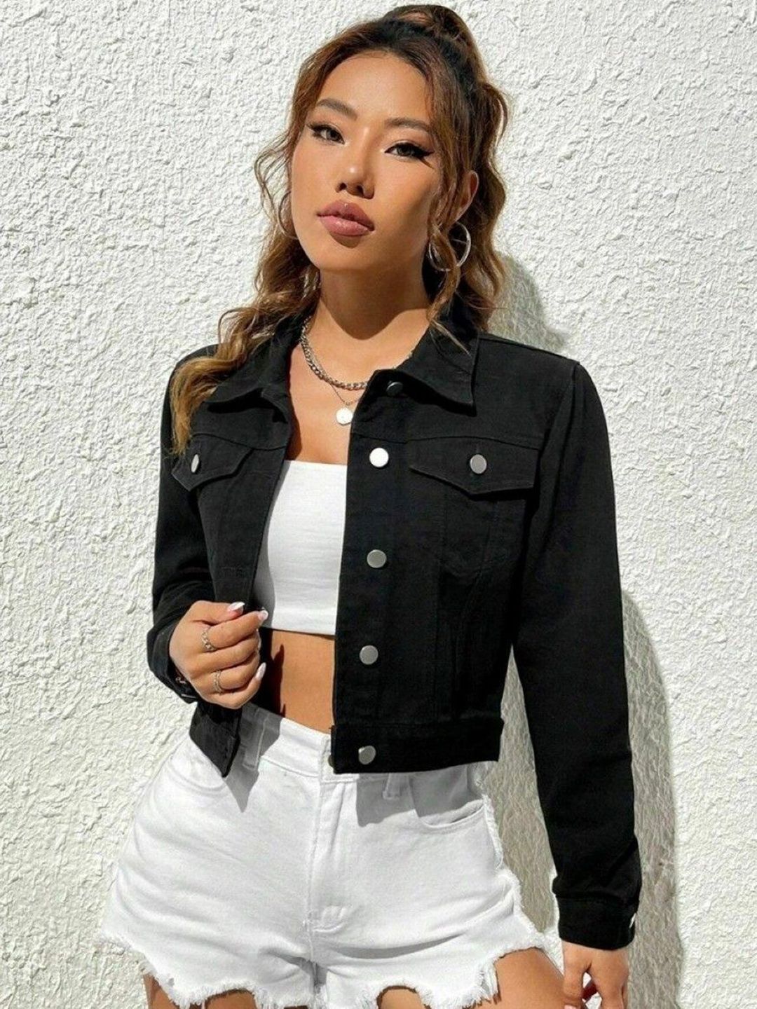 Tripursundari Fashion Women Lightweight Solid Crop Denim Jacket