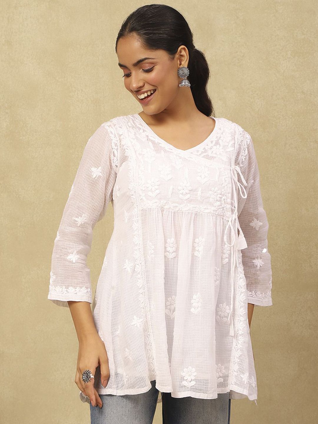 House of Chikankari Women White Kota Chikankari Embroidered Kurta