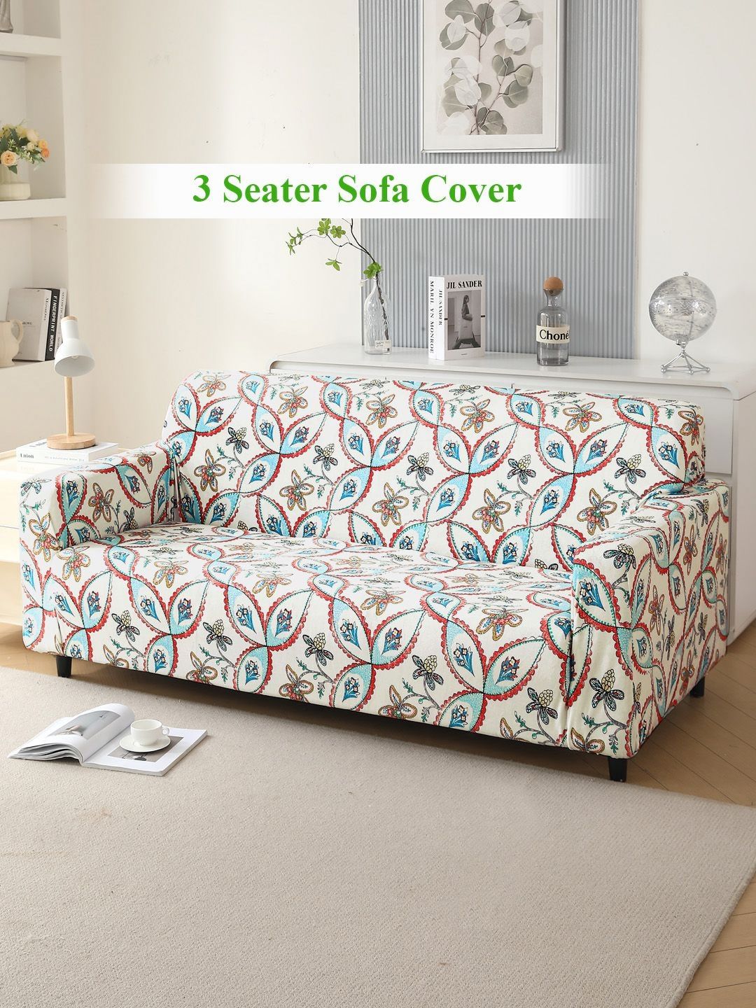 HOKIPO Beige & Blue Floral Printed Velvet 3 Seater Sofa Cover With Arms